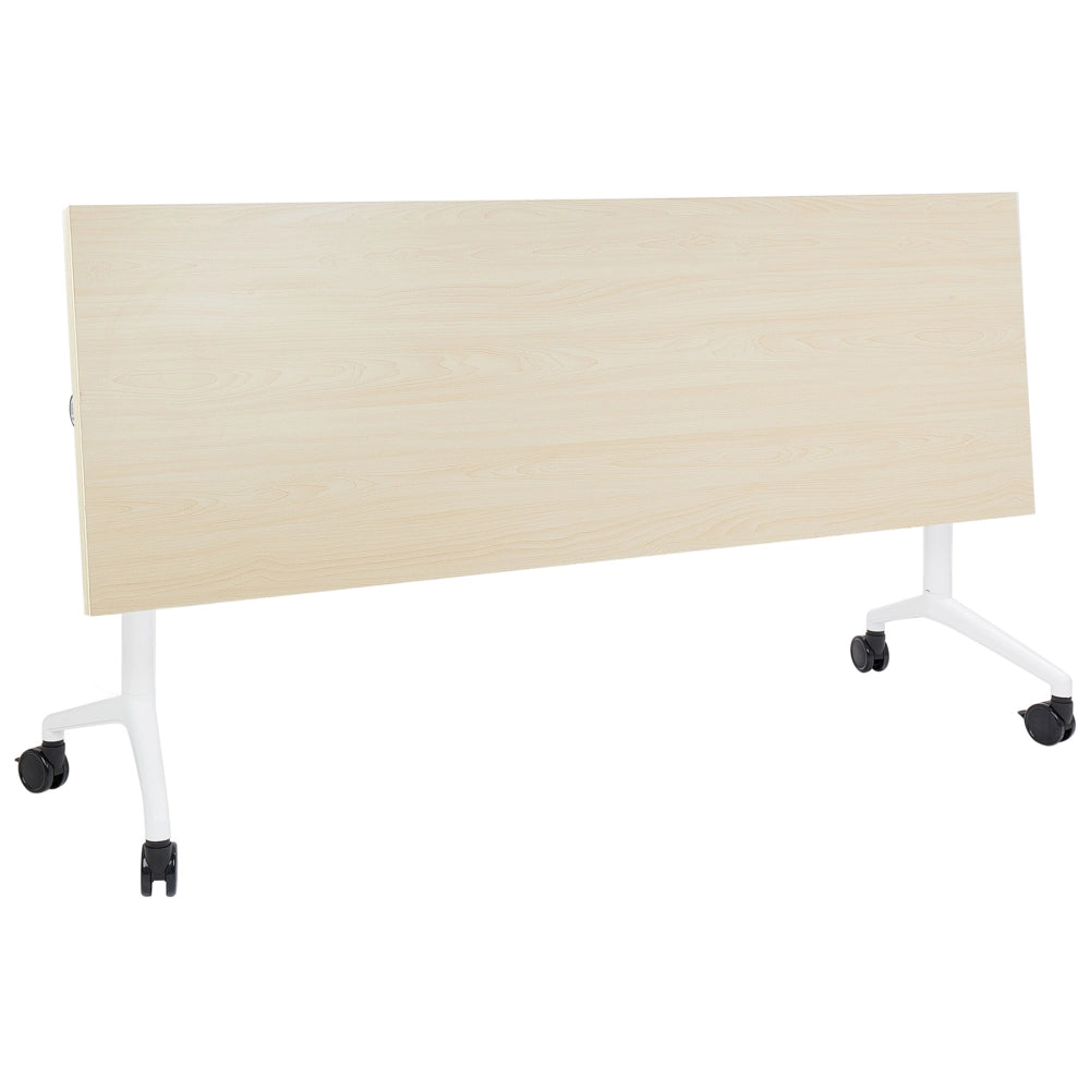 Scrivania rettangolare pieghevole con rotelle portatile con struttura in metallo marrone chiaro e bianco 180 x 60 cm stile moderno