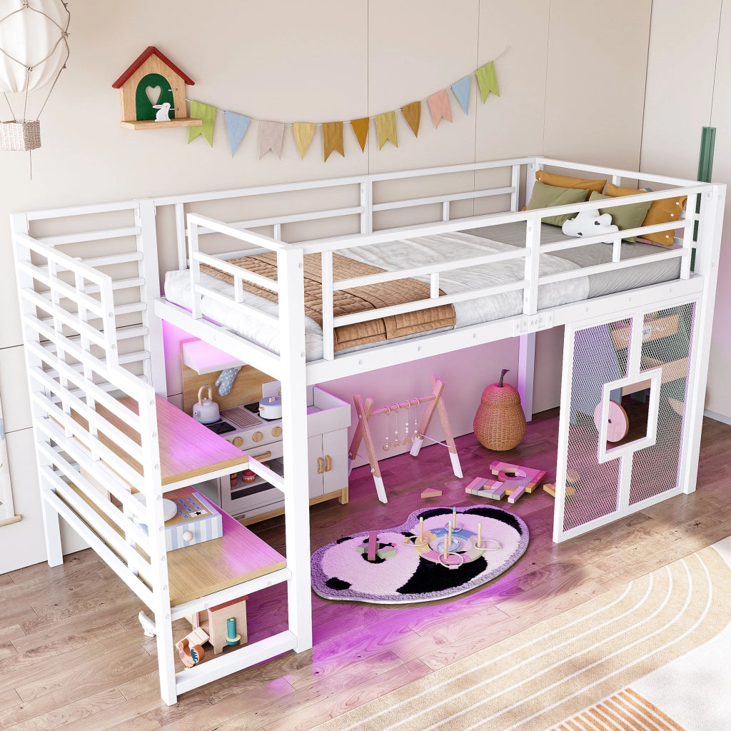 Letto a soppalco singolo 90 × 200 cm con scala contenitore, LED e finestre, senza materasso, bianco