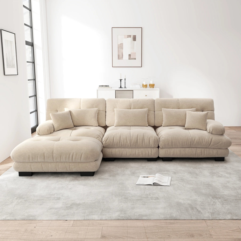 Divano angolare modulare in chenille con ottomane, seduta profonda e cuscini, per salotto, stile moderno, marrone chiaro
