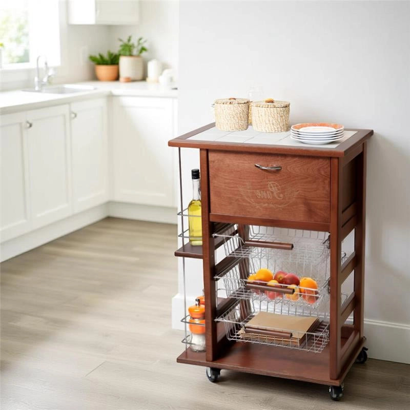 CARRELLO VESUVIO PORTAPANE+PORTABOTTIGLIE NOCE IN FAGGIO BASE INFERIORE MULTISTRATO DI BETULLA 1 CASSETTO 3 CESTELLI PIANO MATTONELLE IN CERAMICA
