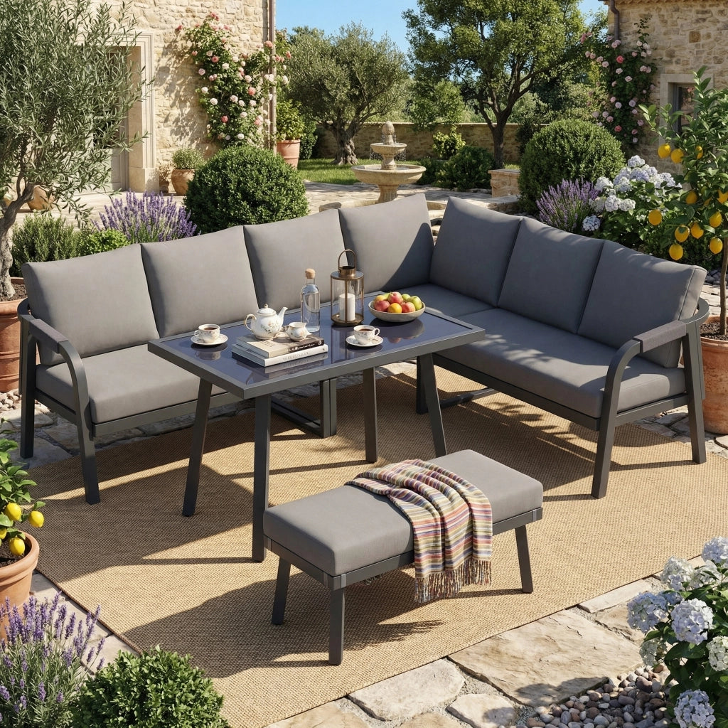 Set da Giardino con Divano Angolare, Tavolo e Panca ¨C MINIMAL ¨C Polyrattan Grigio, 8 Posti
