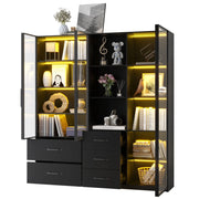 Vetrina LED modulare con ante in vetro, ripiani aperti e cassetti, per soggiorno e cucina, nero, 140 × 40 × 160 cm
