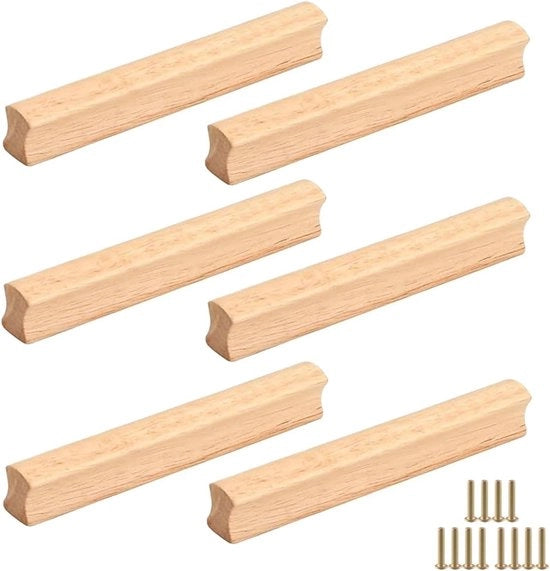 Set di Maniglie in Legno per 6 Pezzi - Maniglie in Legno Massello per Armadi, Bagni e Cucine, Distacco 160 mm