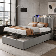 Letto singolo imbottito per bambini 90x200 cm con contenitore, doghe incluse, USB/Type-C e luce, velluto grigio