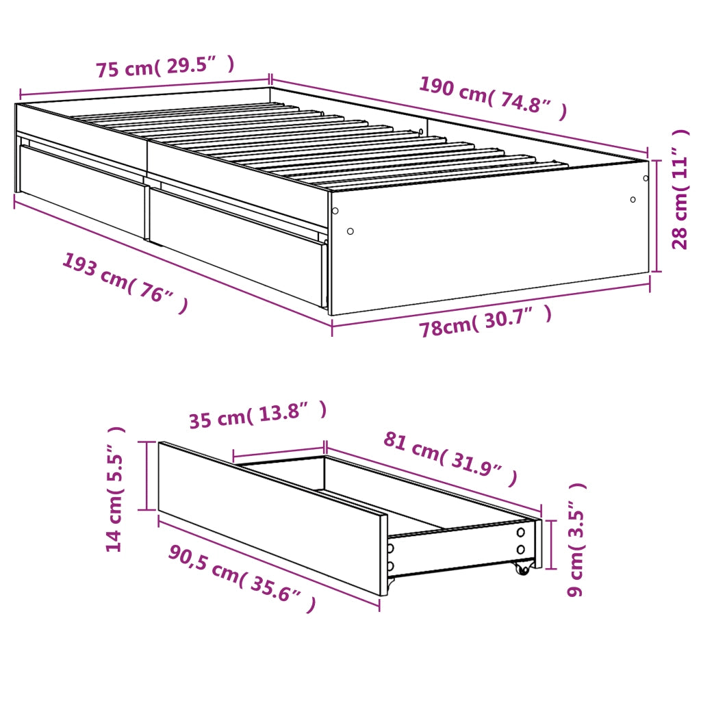 Letto singolo | Letto per adulti | Giroletto Cassetti Grigio Sonoma 75x190 cm Legno Multistrato