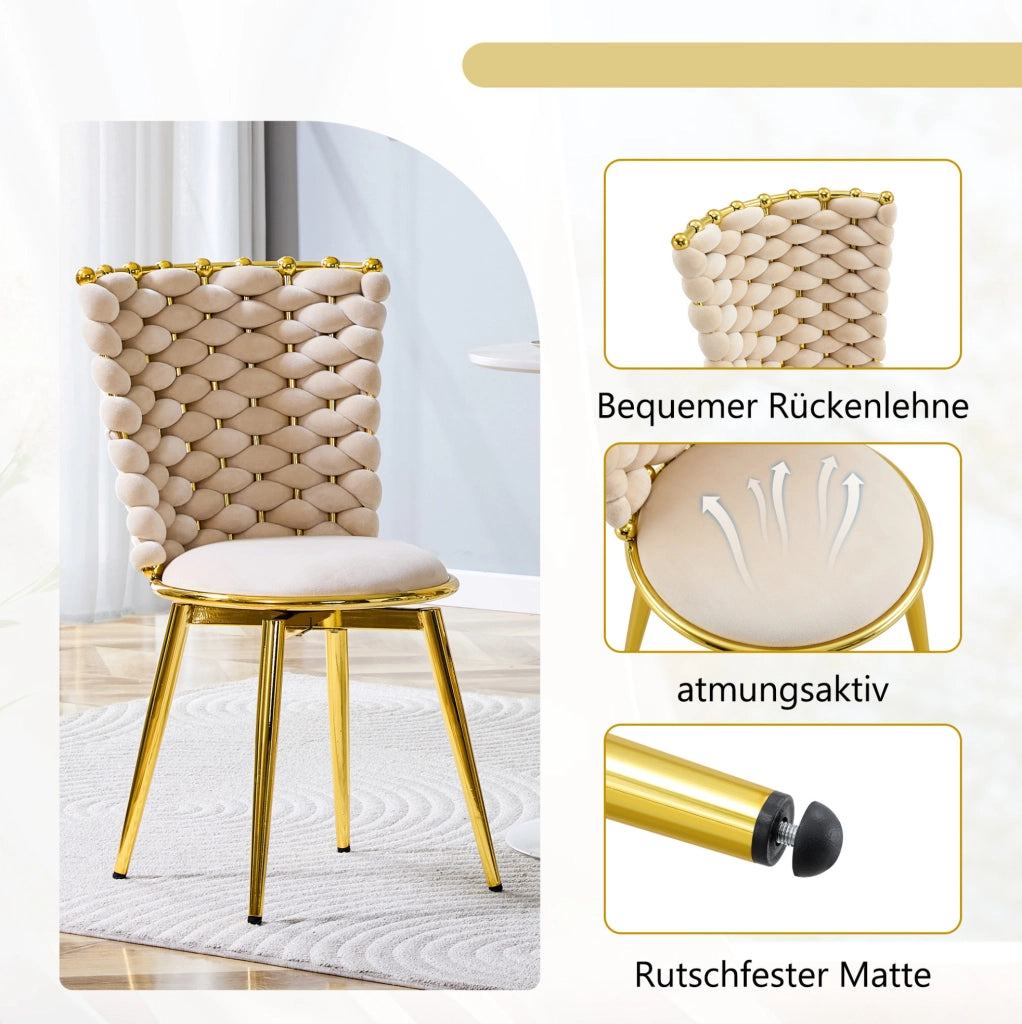 Sedia da pranzo in velluto beige con gambe dorate