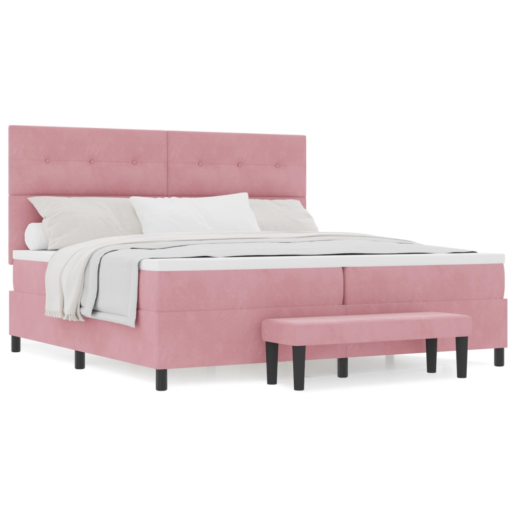 Letto Box Spring con Materasso & Panchina Rosa 200x200 cm Velluto