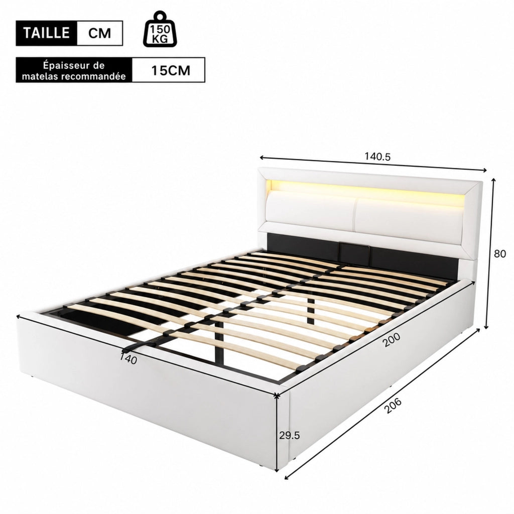 Letto imbottito 140x200 cm con rete a doghe, contenitore e LED, bianco, rivestimento in PU