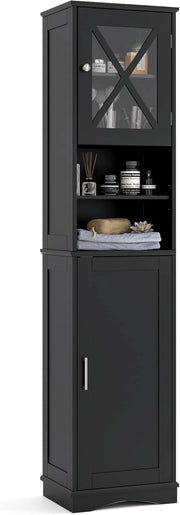 Armadietto da bagno sottile con 2 ante, ripiano regolabile e 2 scomparti aperti, mobile alto per bagno e soggiorno (nero, 40 x 30 x 170,5 cm)
