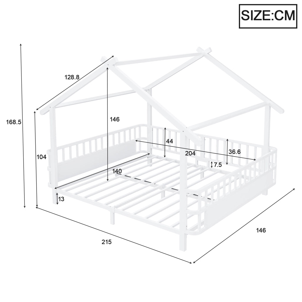 Letto per bambini 140 × 200 cm a forma di casa con barriera di sicurezza, senza materasso, in metallo, bianco