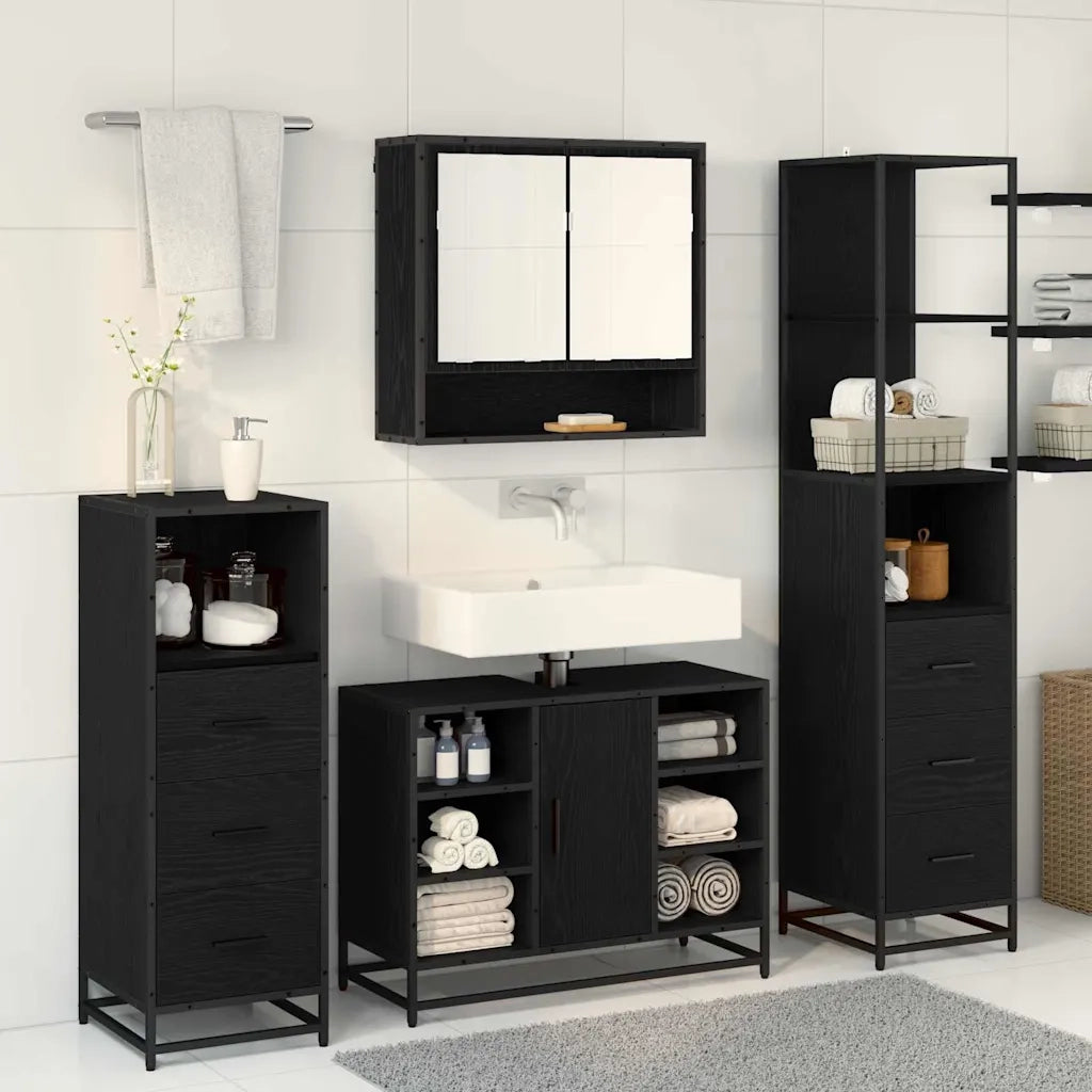 Set di mobili per il Bagno | Armadio da bagno 3 pz Rovere Nero Legno multistrato