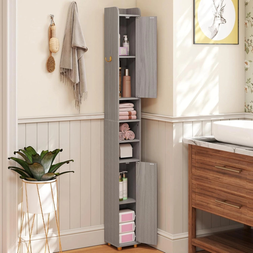 Armadio da bagno stretto da 179 cm, con 2 porte, 3 ripiani aperti, ganci e porta carta igienica, 20 x 20 cm, per ufficio, cucina e corridoio