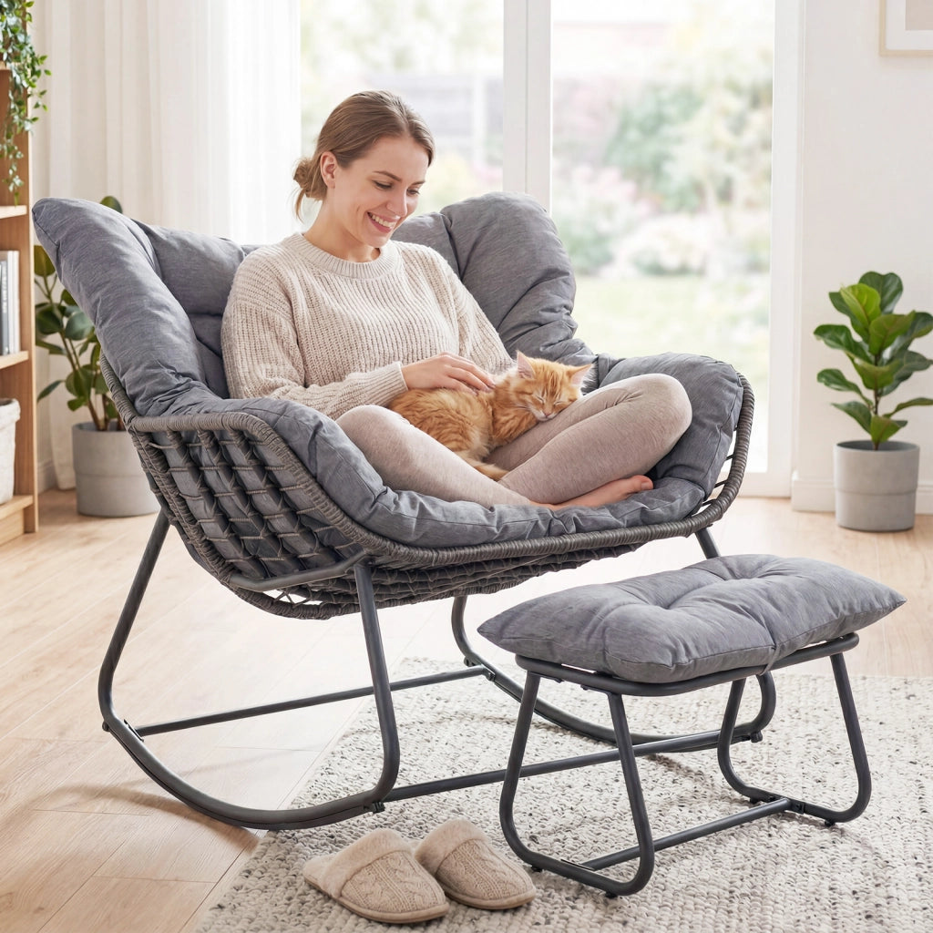 Sedia a dondolo in rattan da interno ed esterno portata 150 kg, Poltrona a dondolo con poggiapiedi e cuscini rimovibili Grigio