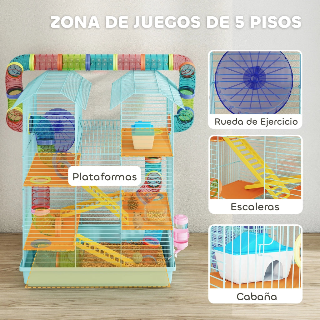 Gabbia per Criceti con Tubi Piattaforme Mangiatoia Casetta Ruota ¨C Zephmum ¨C 47x30x59 cm Blu