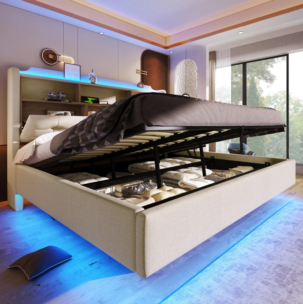 Letto imbottito 180x200 cm in lino beige con LED; contenitore idraulico; USB e Type-C