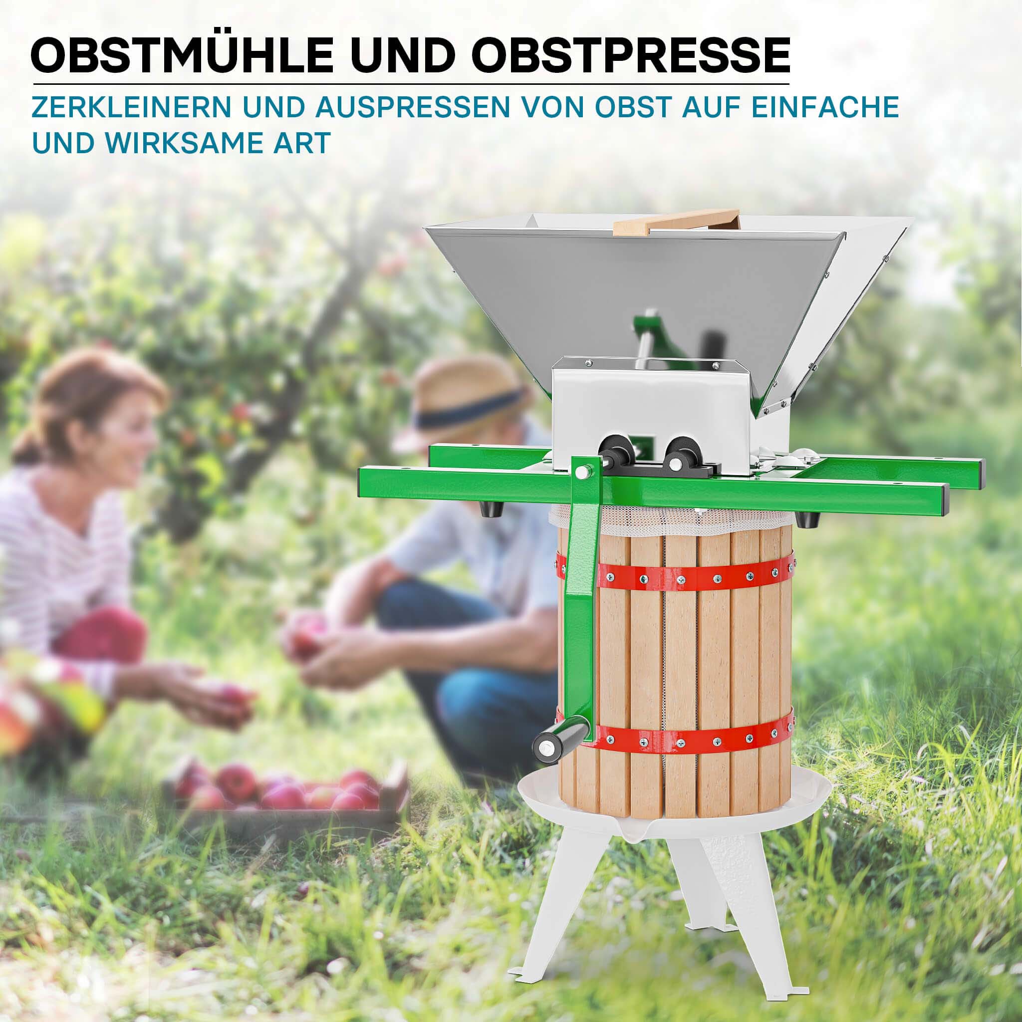 Set Mulino macina frutta 7 l e Torchio frutta 18 l con gabbia in legno e scacco di spremitura