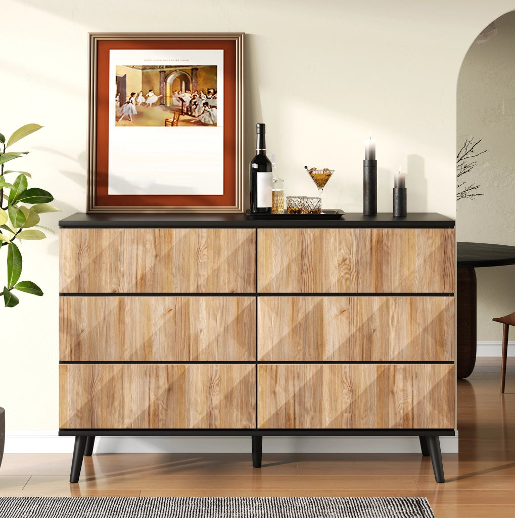 Credenza ULEVR 120x40x85 cm con 6 cassetti e frontali rialzati, nero e finitura legno