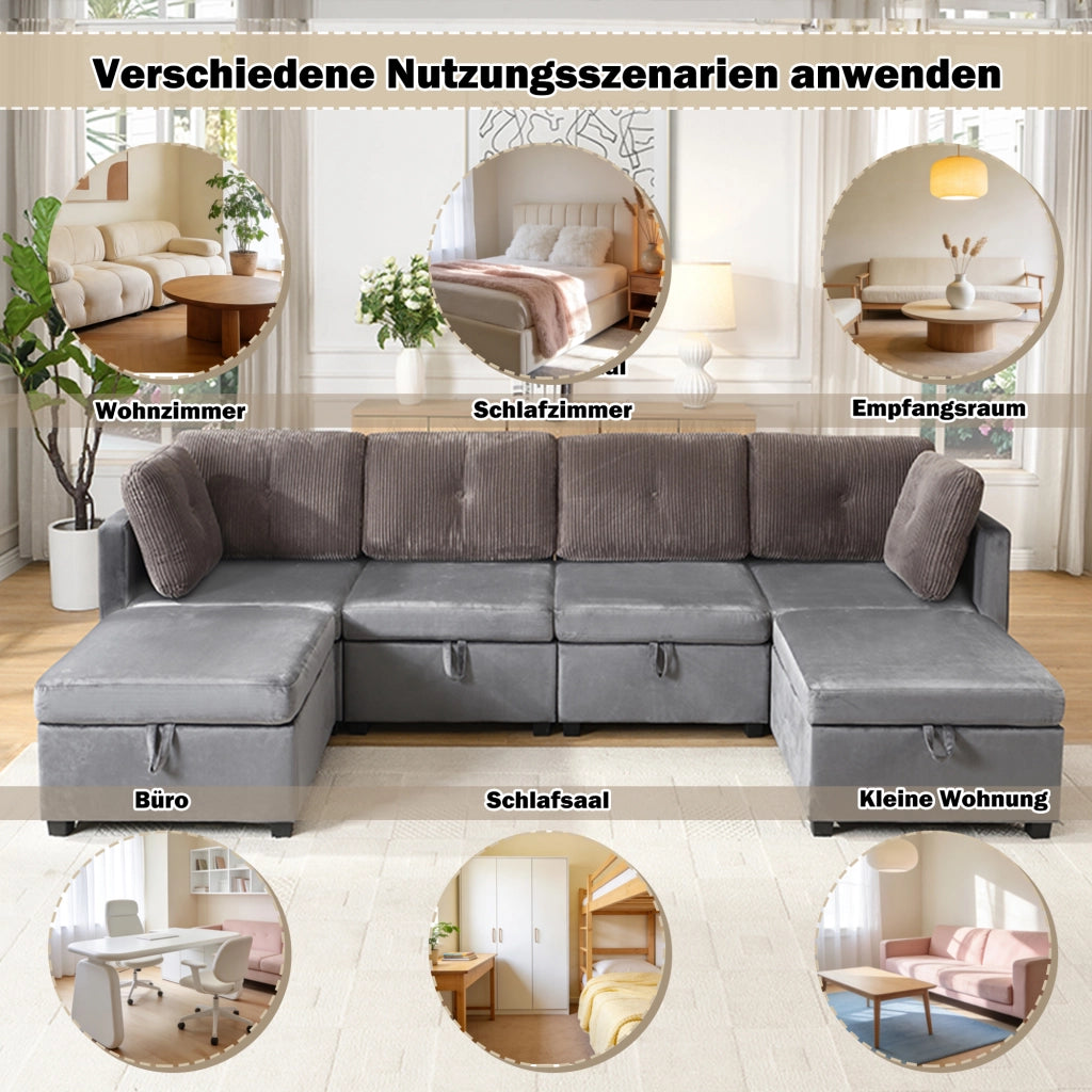 DIVANO modulare a U 261x132,5 cm velluto e corda grigio antico