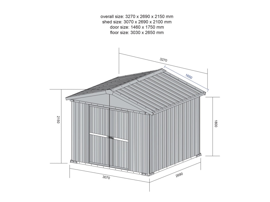 Deposito attrezzi box acciaio capanno lamiera zincata 327x269cm x h 215cm - 132 kg - 8,80mq LEGNO