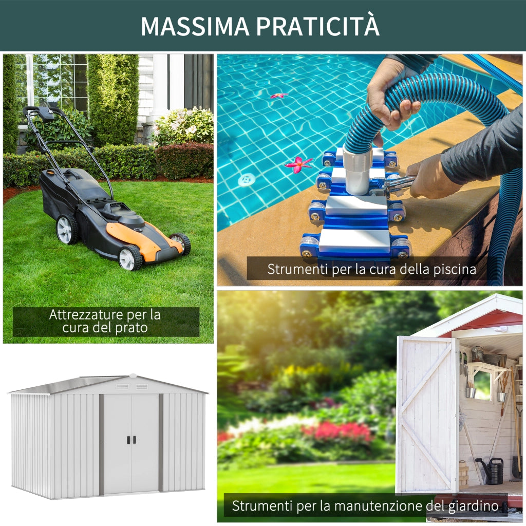 EasyComfort Casetta da Giardino in Lamiera d'Acciaio con Doppie Porte Scorrevoli, 277x195x192cm, Argento