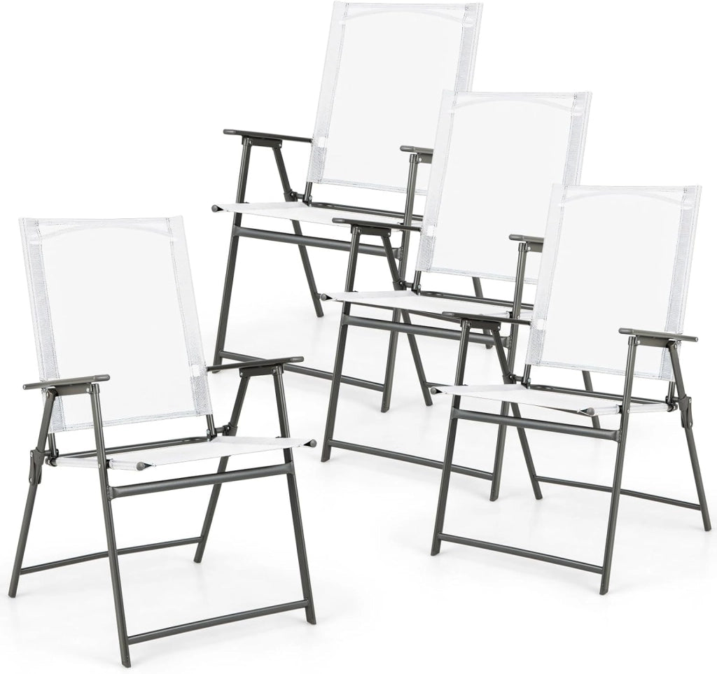 Set di 2/4 Sedie Pieghevoli da Giardino in Textilene, Sedie da Esterno con Schienale Alto, Poltrona Portatile per Giardino Campeggio Patio, Portata 150 kg (4, Bianco, 62 x 58 x 96 cm)