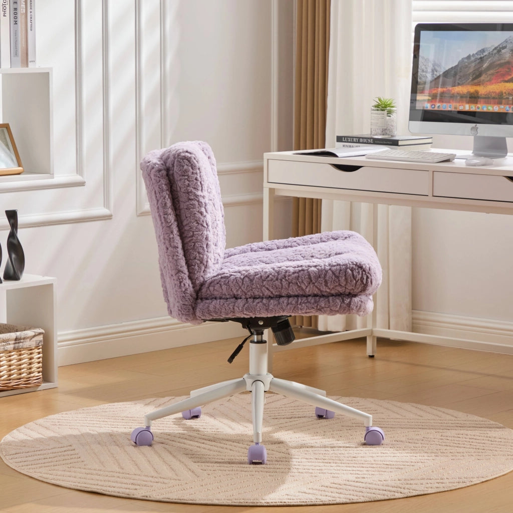 Chaise de bureau girevole con altezza regolabile e inclinazione, seduta ampia in pelliccia sintetica viola