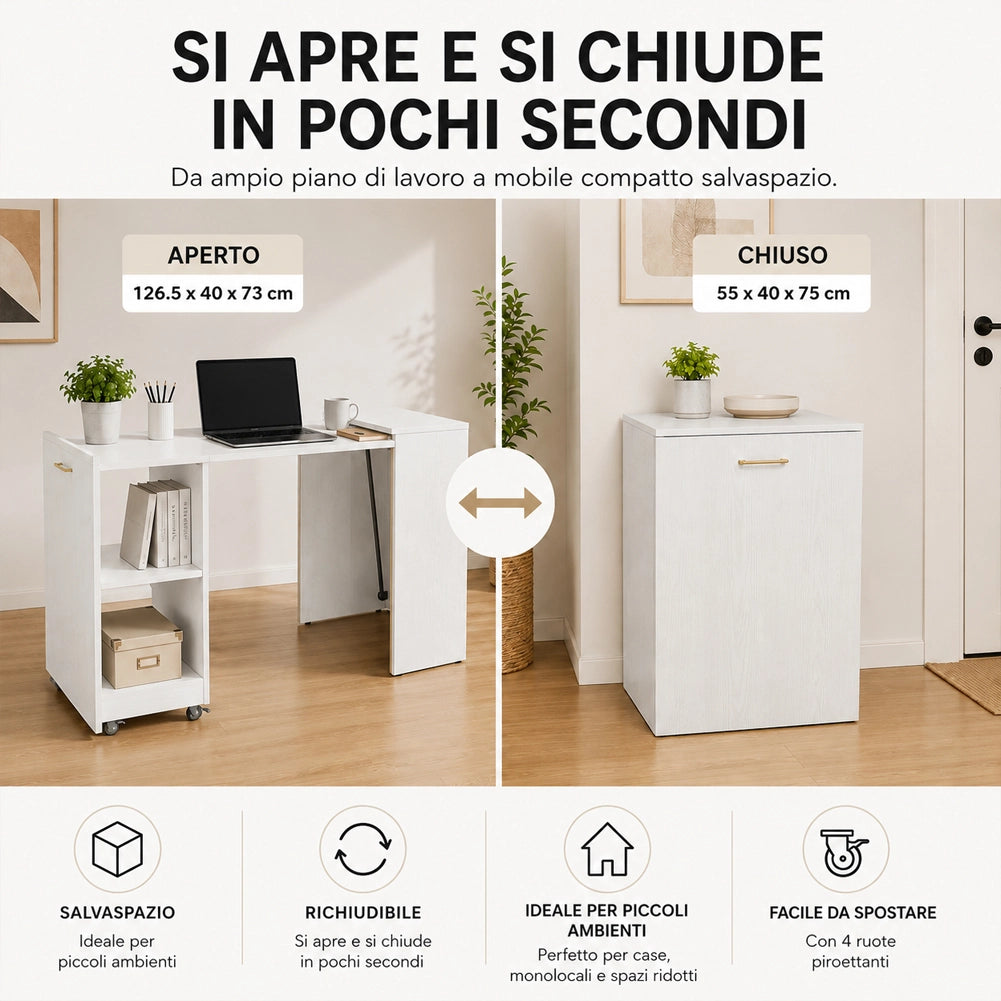 Mobile con Tavolo Scomparsa Bianco Frassinato Richiudibile Salvaspazio Scrivania