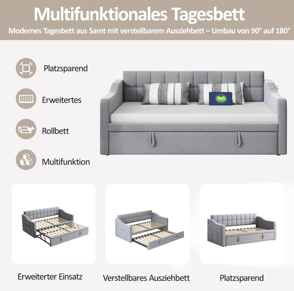 Divano letto estraibile 90x190 cm in velluto grigio chiaro USB