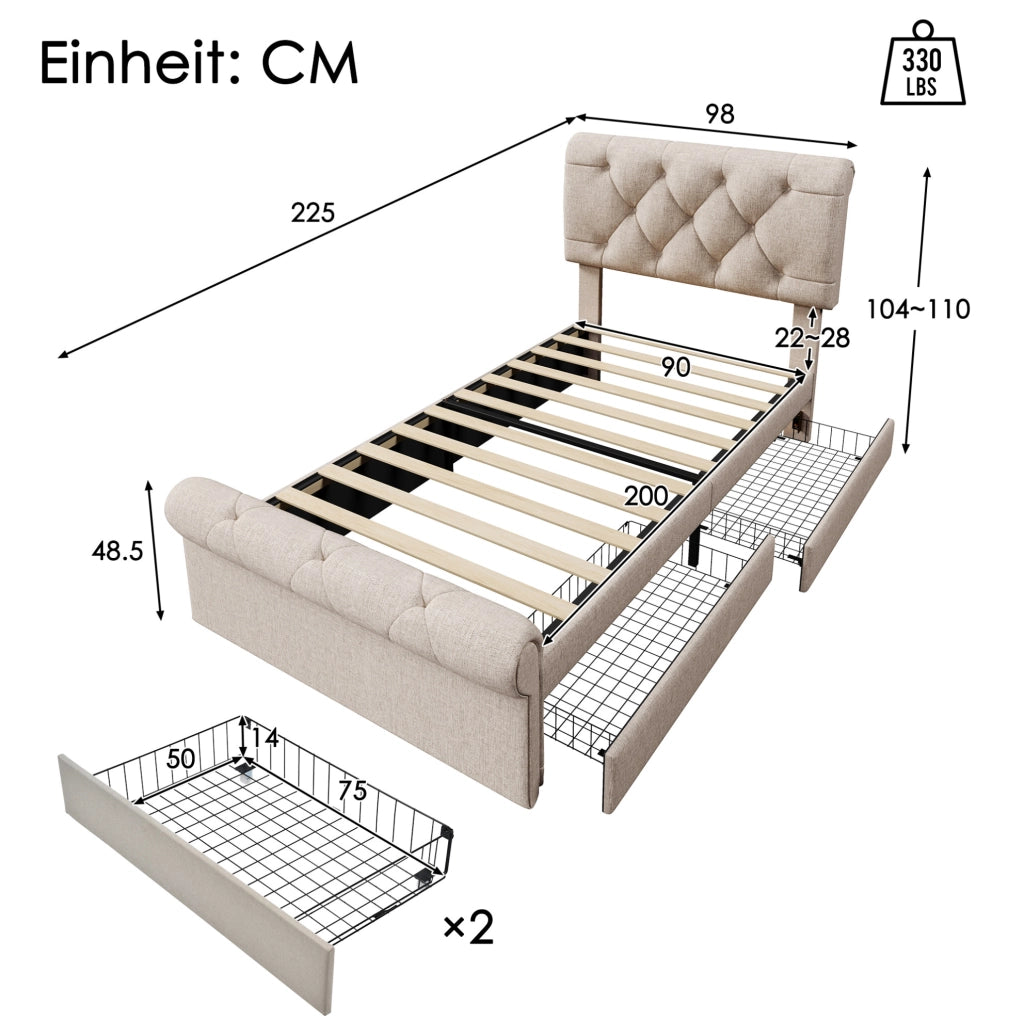 Letto singolo 90x200 cm con 2 cassetti e testiera regolabile
