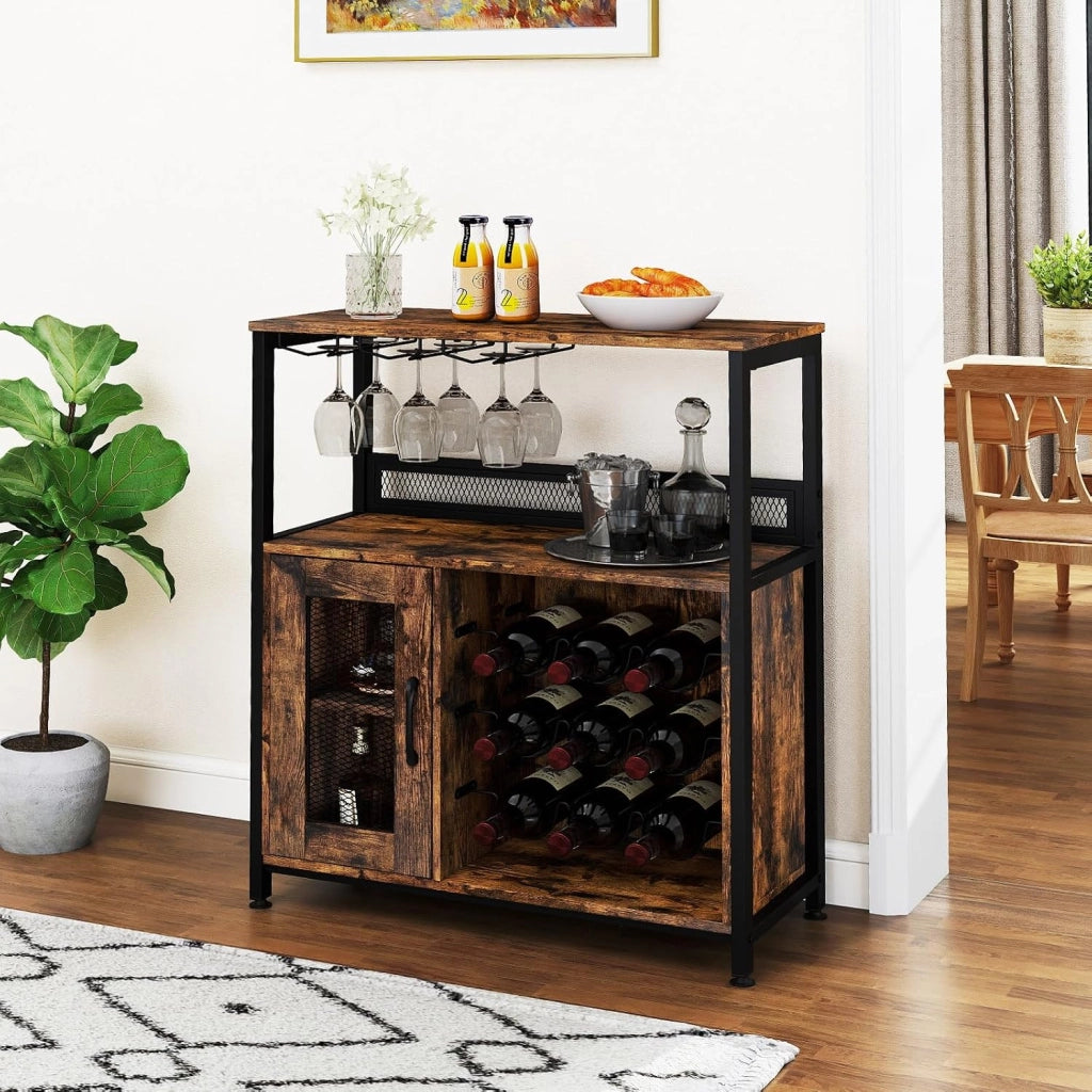 Cantinetta Porta Bottiglie di Vino, Armadietto per Vino con Portabicchieri, Scaffale Aperto e Ripiano Rimovibile, Credenza in Legno Industriale per Cucina e Sala da Pranzo, 75 x 34 x 90,5 cm