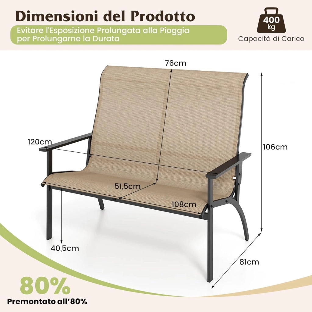 Sedia Esterno a 2 Posti, Panca da Giardino con Schienale Alto e Braccioli, Poltrona da Giardino a 2 Persone, per Terrazzo Patio Cortile, Portata 400 kg