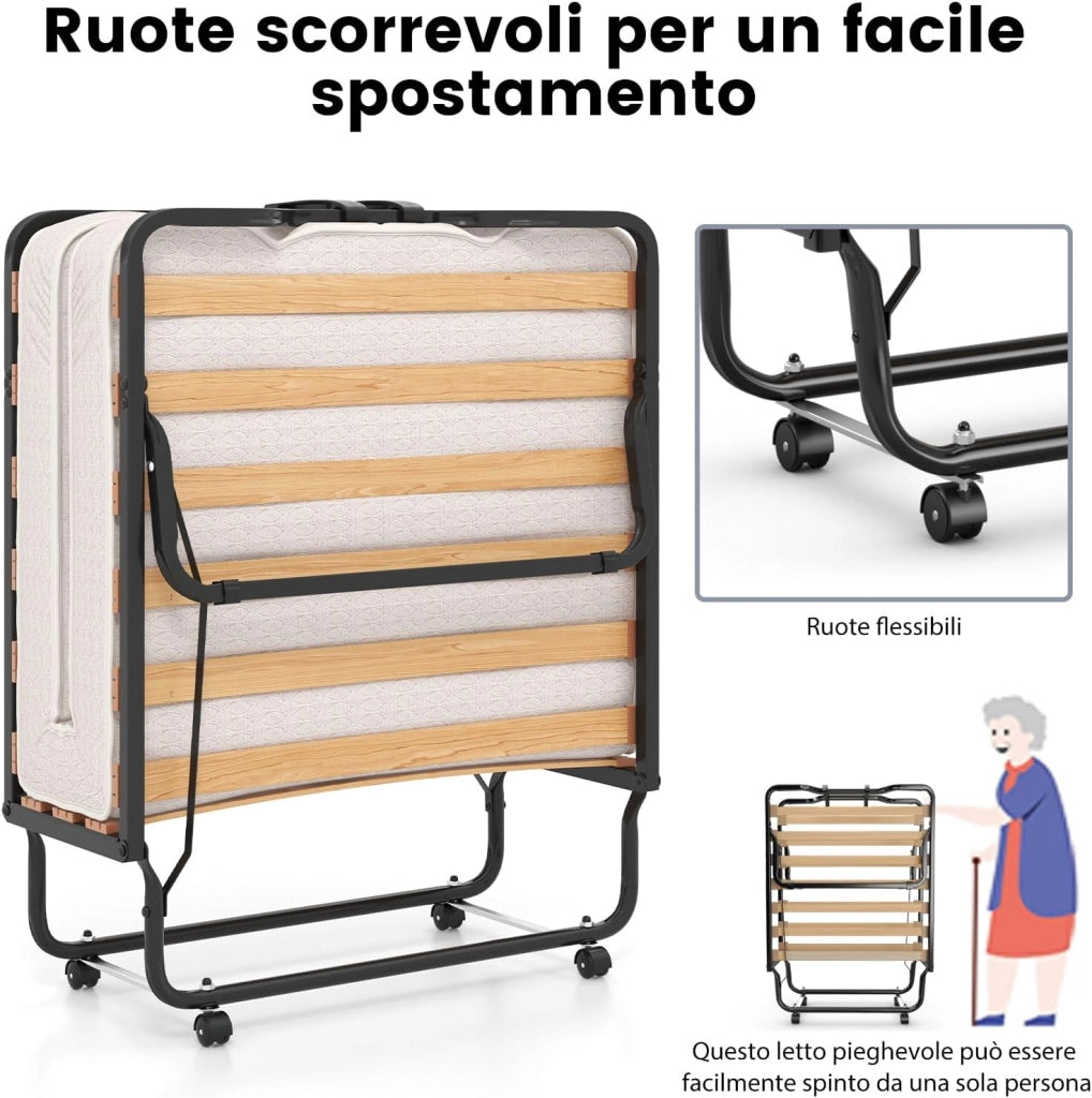 Letto Brandina Pieghevole, con Materasso in Memory Foam 4 Ruote Girevoli, Trapuntatura a Onda con Imbottitura a Doppia Fibra, 200x80x40cm, Made in Italy (Stile 2 Beige)