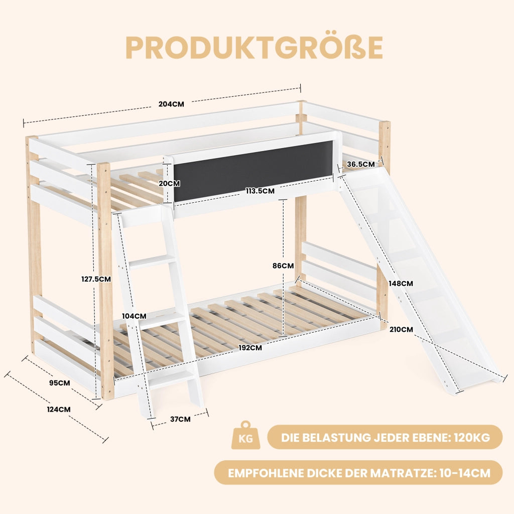 Letto a castello per bambini con scivolo e scala - Zephmum- Struttura stabile in legno, 4 lati protetti, certificato eco 747