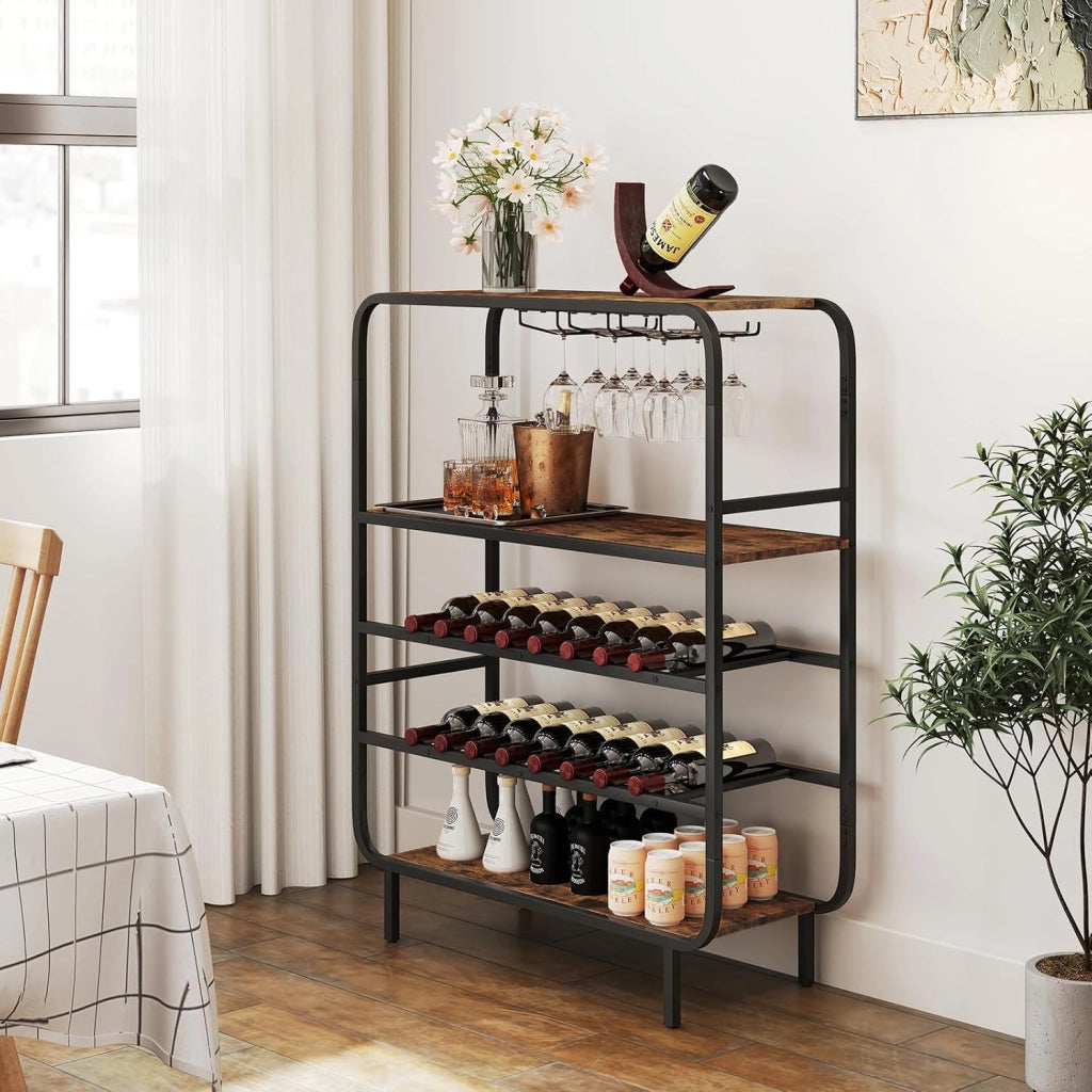 Scaffale per bottiglie a 5 ripiani, autoportante per 16 bottiglie, portabottiglie con supporto in vetro, 3 ripiani in legno e telaio in metallo, portabottiglie per vino, cucina, bar, soggiorno