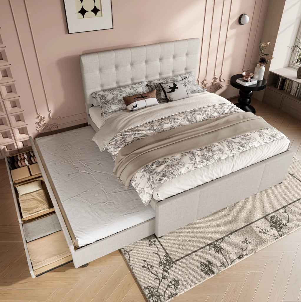 Letto imbottito 140x200 cm con letto estraibile e 3 cassetti; testiera regolabile; lino e MDF beige (Senza materasso)