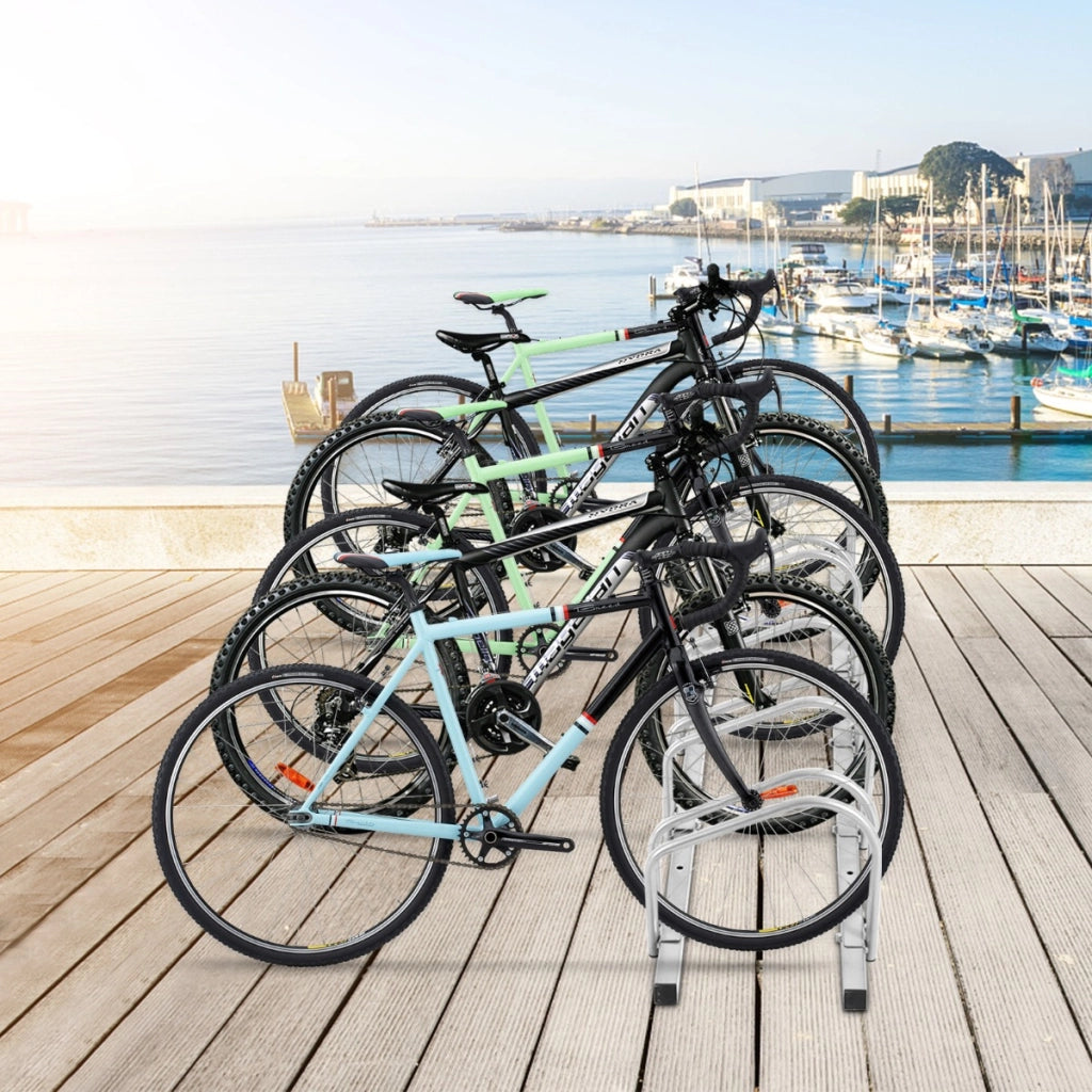 Rastrelliera in telaio d'acciaio per biciclette, Portabiciclette parcheggio per 5 bici Argento