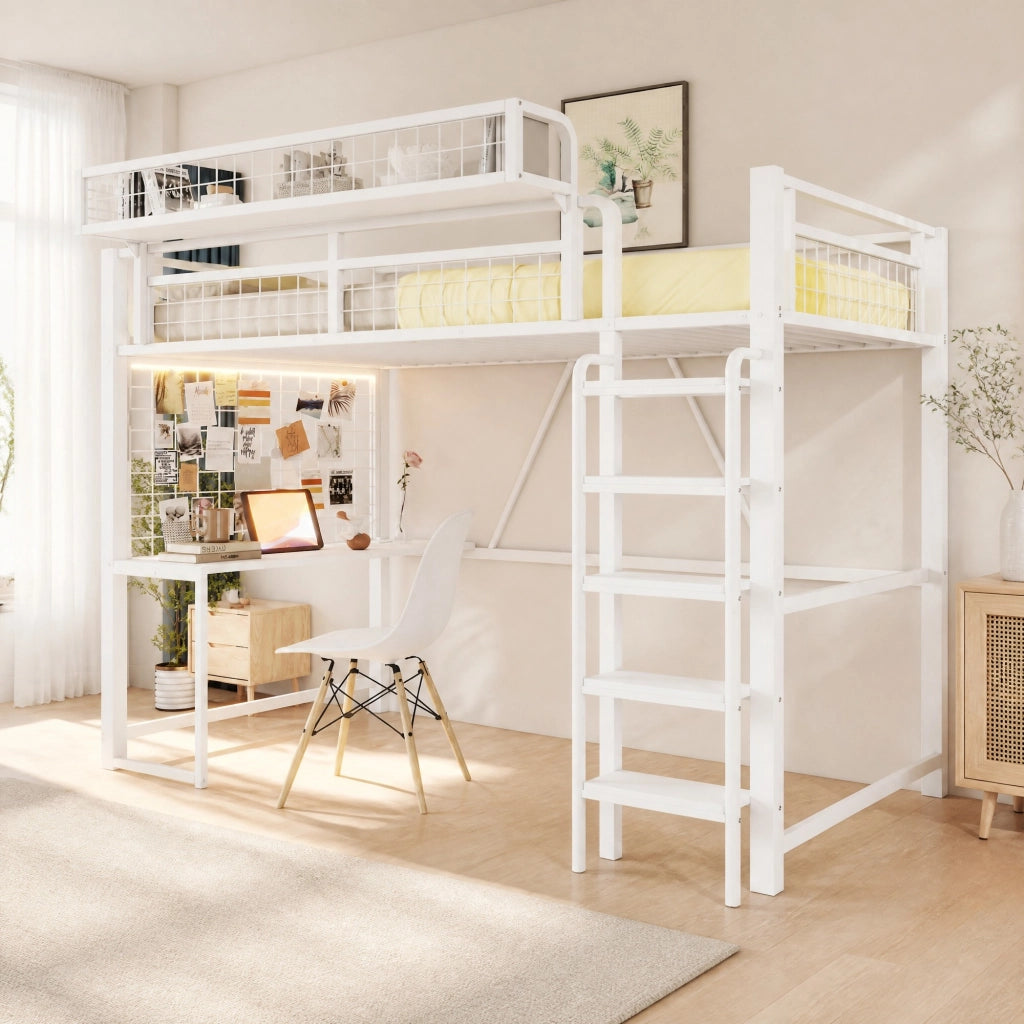 Letto a soppalco in metallo 90 x 200 cm con scrivania; LED; presa e scala; bianco