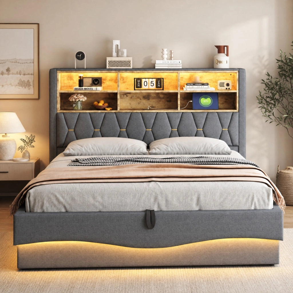 Letto matrimoniale 180x200 cm con contenitore; LED APP; USB e struttura in metallo grigio