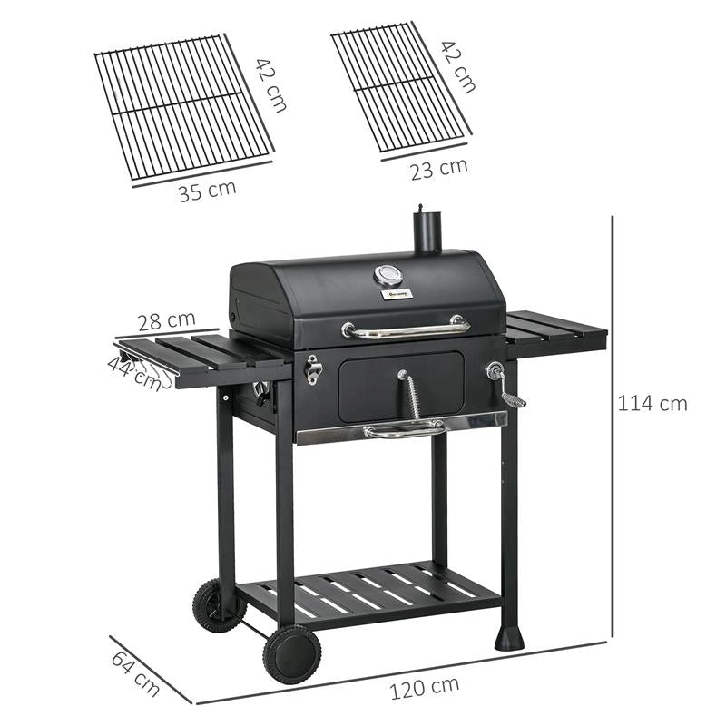 BARBECUE A CARBONE CON COPERCHIO CON TERMOMETRO, GRIGLIA REGOLABILE, RUOTE E TAVOLINI, NERO