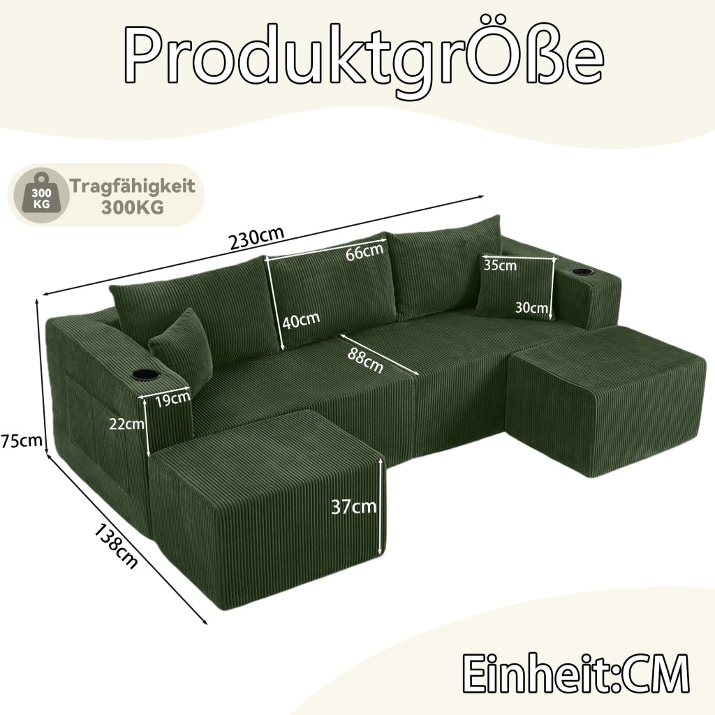 Divano angolare modulare 3 posti con pouf mobili portabicchieri tasche laterali e cuscini in velluto a coste verde