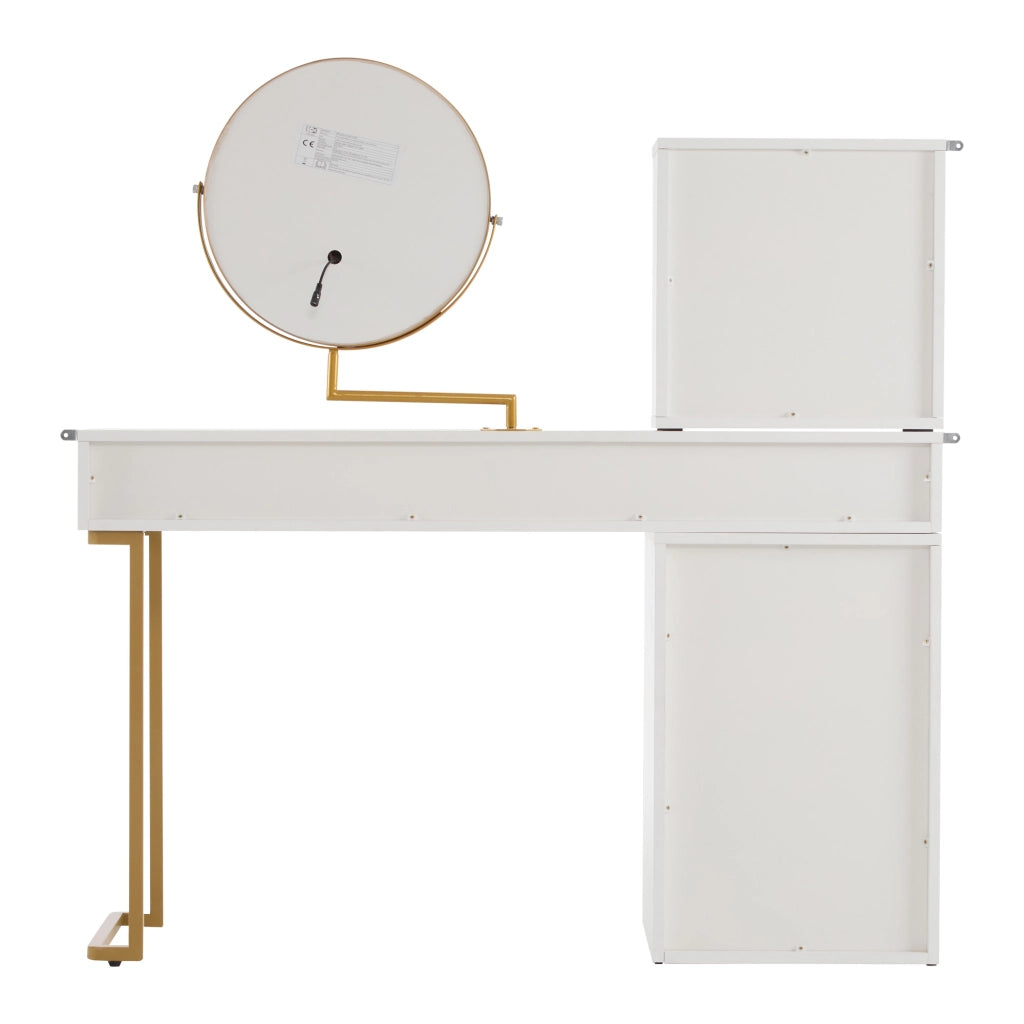 Set toeletta con specchio LED a 3 colori, piano in vetro, bianco e oro, 120 x 45 x 115 cm