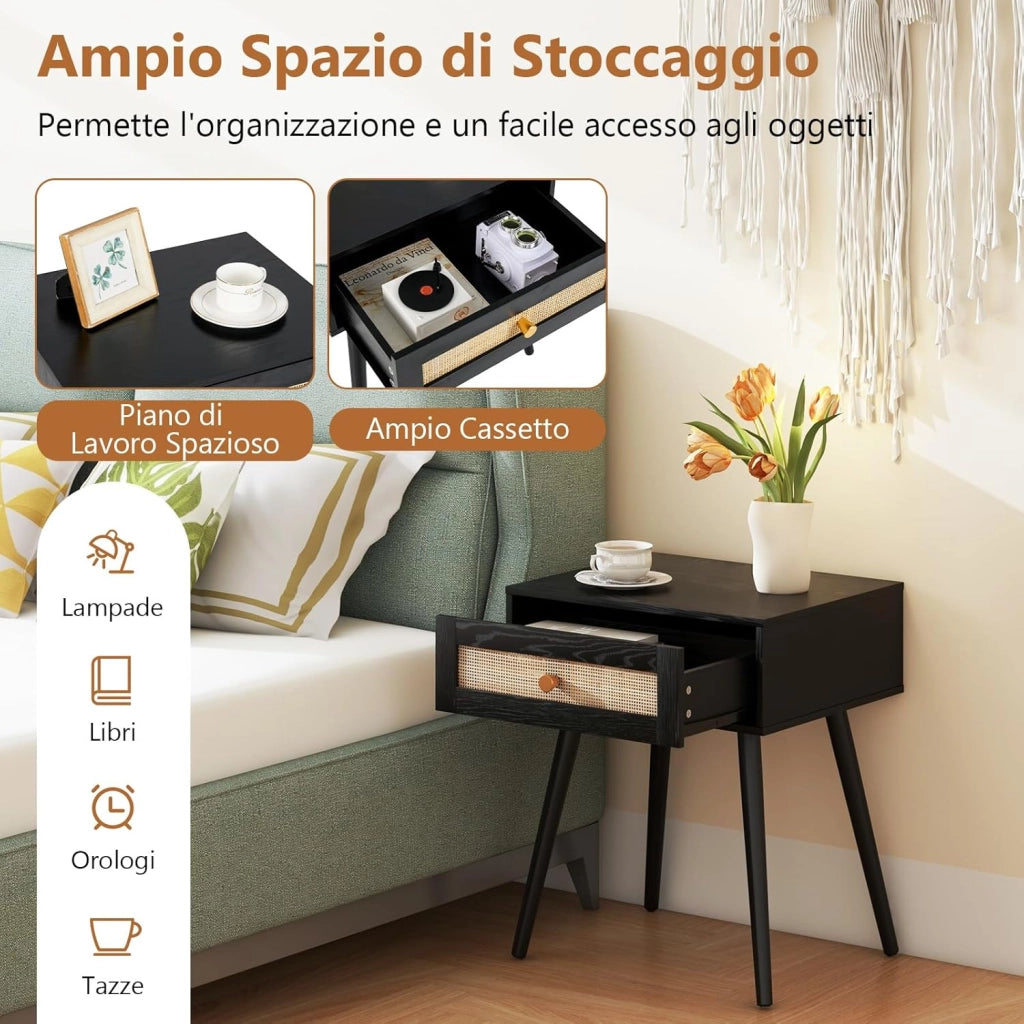 Comodino in Rattan 48 x 40 x 58 cm, Armadietto con Cassetto e Gambe in Legno Massello, Tavolino in Stile Boemia per Camera da Letto, Soggiorno e Salotto, Naturale