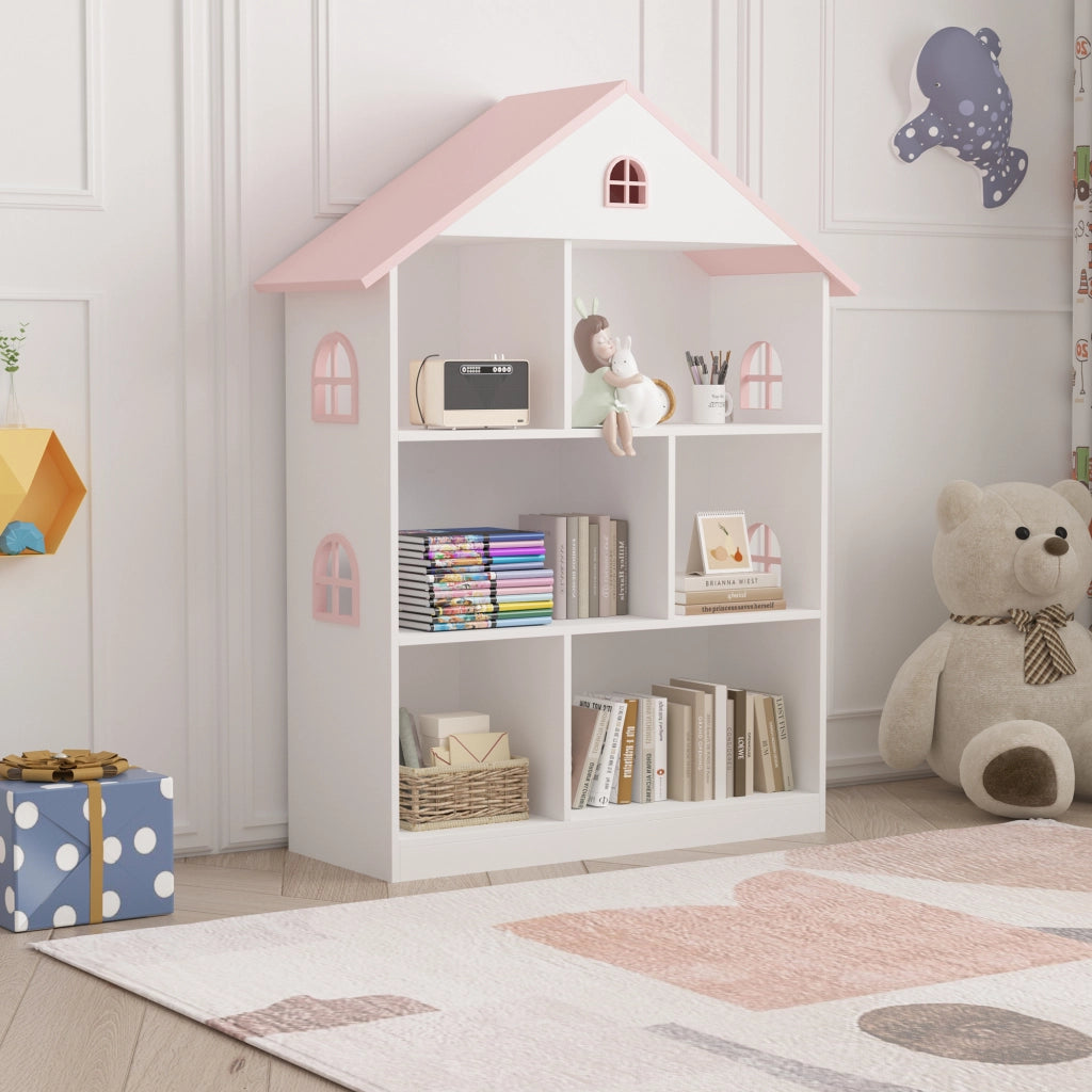 Libreria Vipsali per Cameretta a Forma di Casa 107 x 83 x 30 cm - Bianco / Rosa [en.casa]