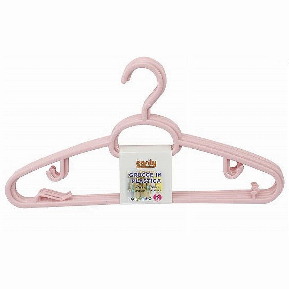 Trade Shop - Set 5 Pz Grucce In Plastica Stampelle Appendiabito Pantaloni Giacche Rosa 79328 -