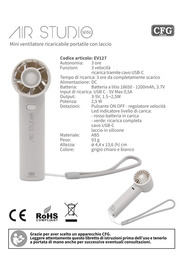 CFG Ventilatore portatile potente a mano a batteria Air Studio Mini EV127 ricaricabile con laccio turbo campeggio viaggi all'aperto giardino Bianco
