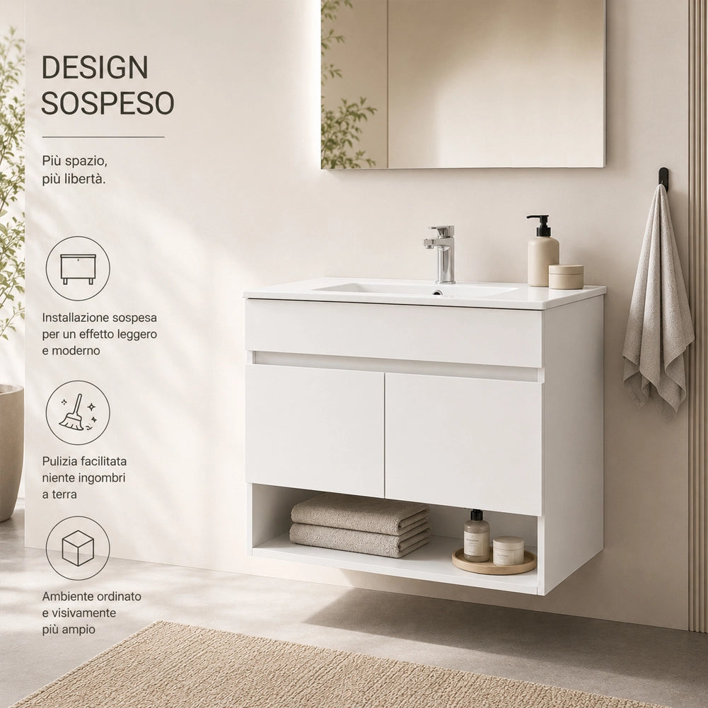 Set Completo Mobile da Bagno Sospeso 85.5cm Due Ante Bianco Specchio e Accessori