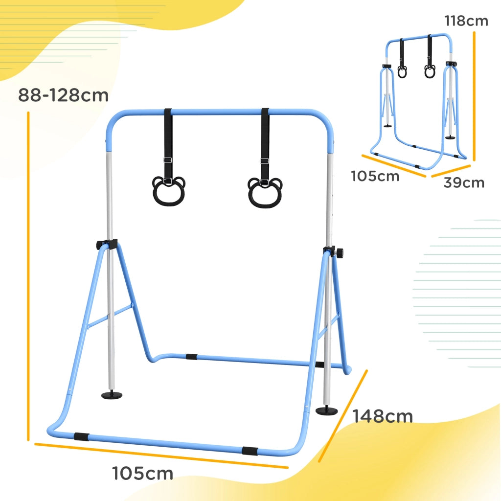 Sbarra Ginnastica Artistica per Bambini 148x105x88-128 cm ad Altezza Regolabile con 2 Anelli in Acciaio Blu