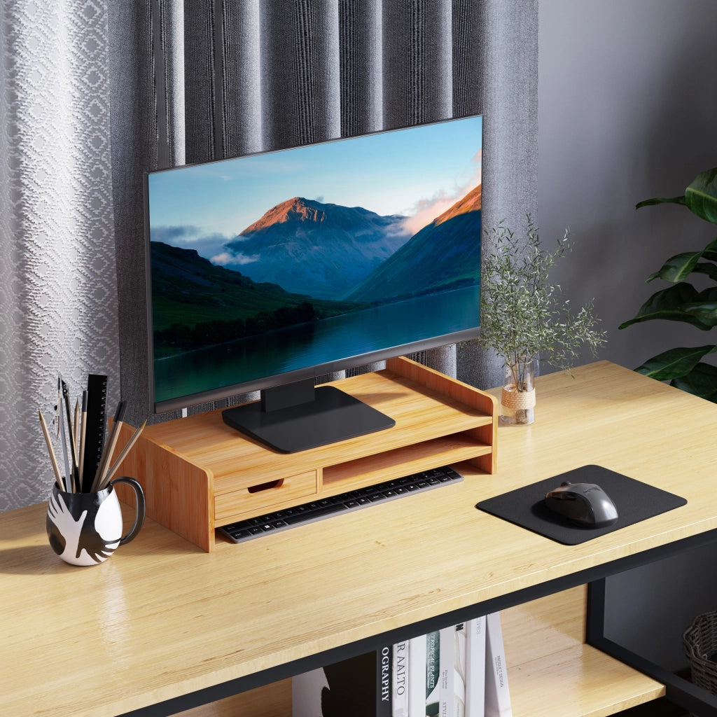 Supporto per monitor in bambù con 1 cassetto e vano aperto per ufficio, naturale, 49 × 25,5 × 11,5 cm