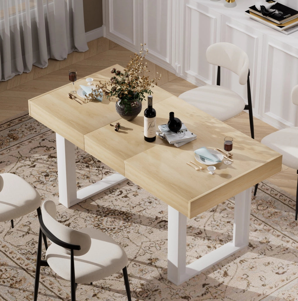 Tavolo da pranzo allungabile 120-160 cm per 8 persone in pannello truciolare naturale e bianco