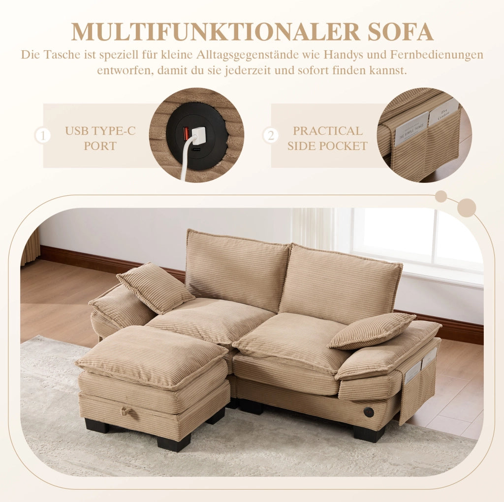 Divano 2 posti in velluto a coste con pouf, khaki